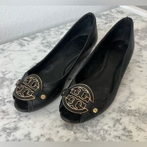 Tory Burch Peep Toe Mini Wedges in Black, Size 7.5